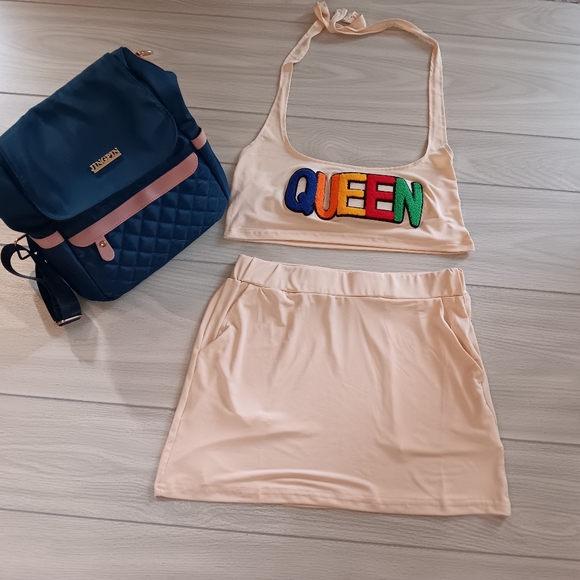 Women Casual Athleisure Sleeveless Queen Letter Applique Crop Tank Top And Skirt - Picture 3 of 13